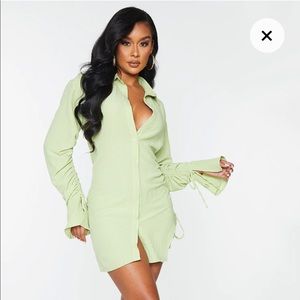 Pretty Little Thing // Lime Crinkle Ruched Detail Button Down Shirt Dress